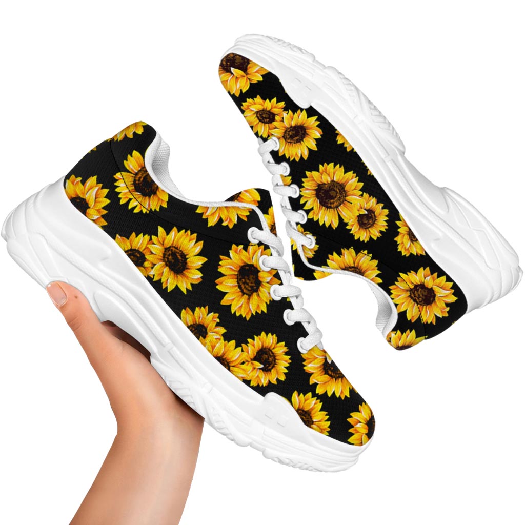 Black Sunflower Pattern Print White Chunky Shoes