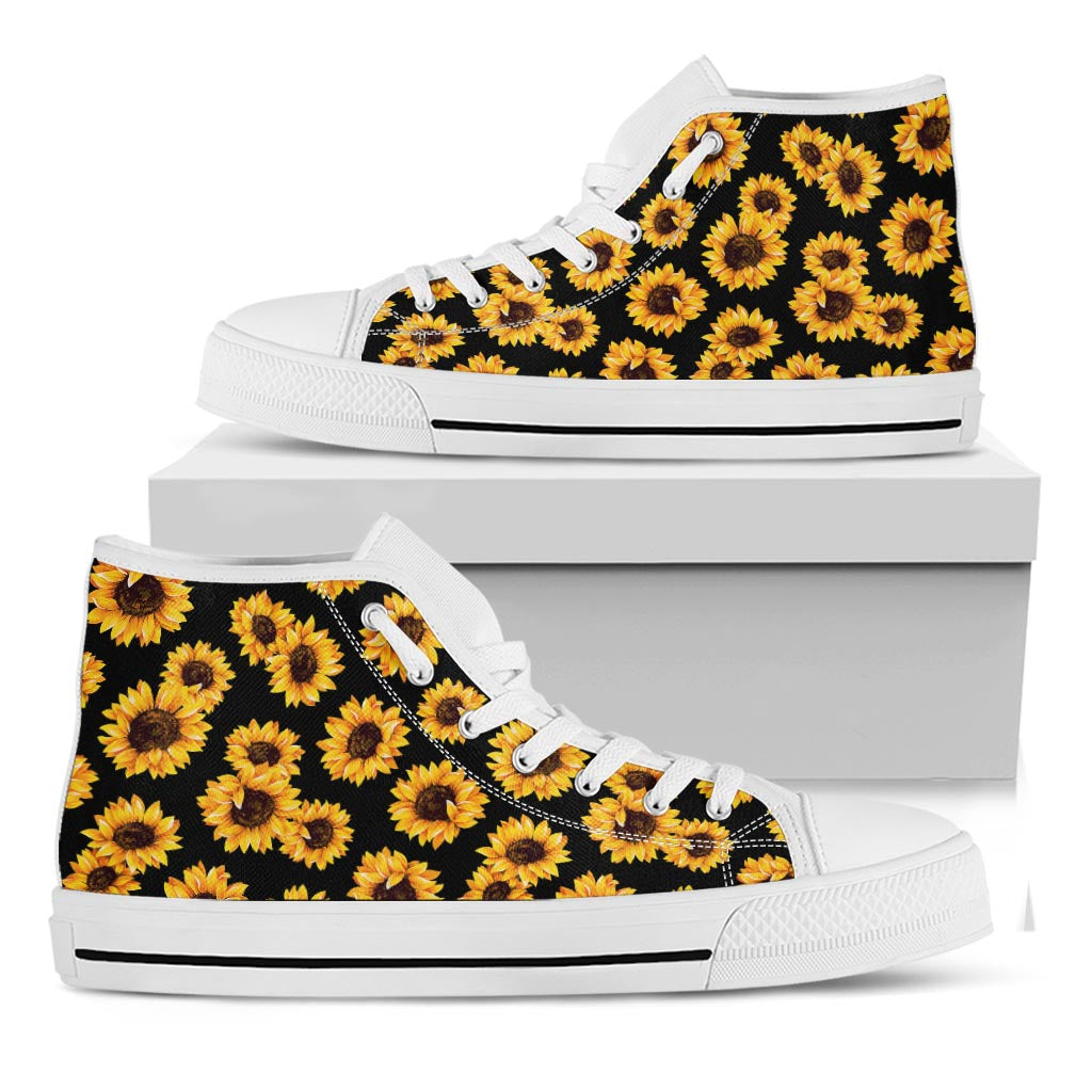 Black Sunflower Pattern Print White High Top Sneakers