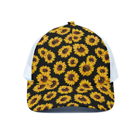 Black Sunflower Pattern Print White Mesh Trucker Cap