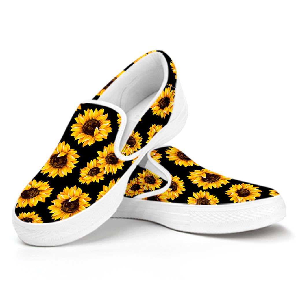 Black Sunflower Pattern Print White Slip On Sneakers