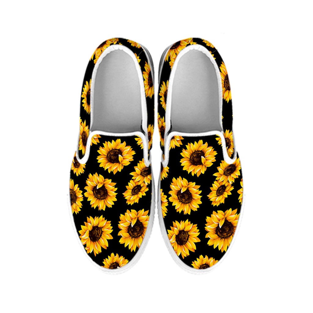 Black Sunflower Pattern Print White Slip On Sneakers