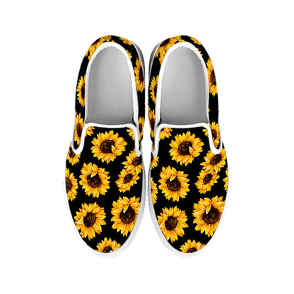 Black Sunflower Pattern Print White Slip On Sneakers