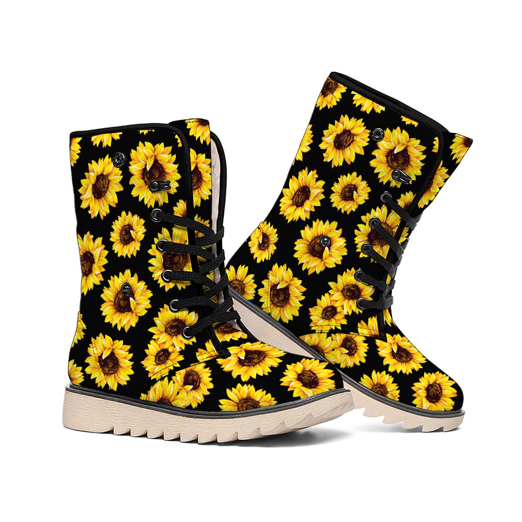 Black Sunflower Pattern Print Winter Boots