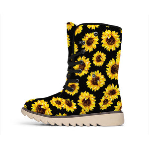 Black Sunflower Pattern Print Winter Boots