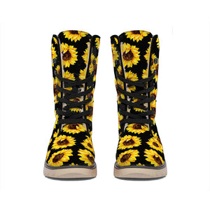 Black Sunflower Pattern Print Winter Boots