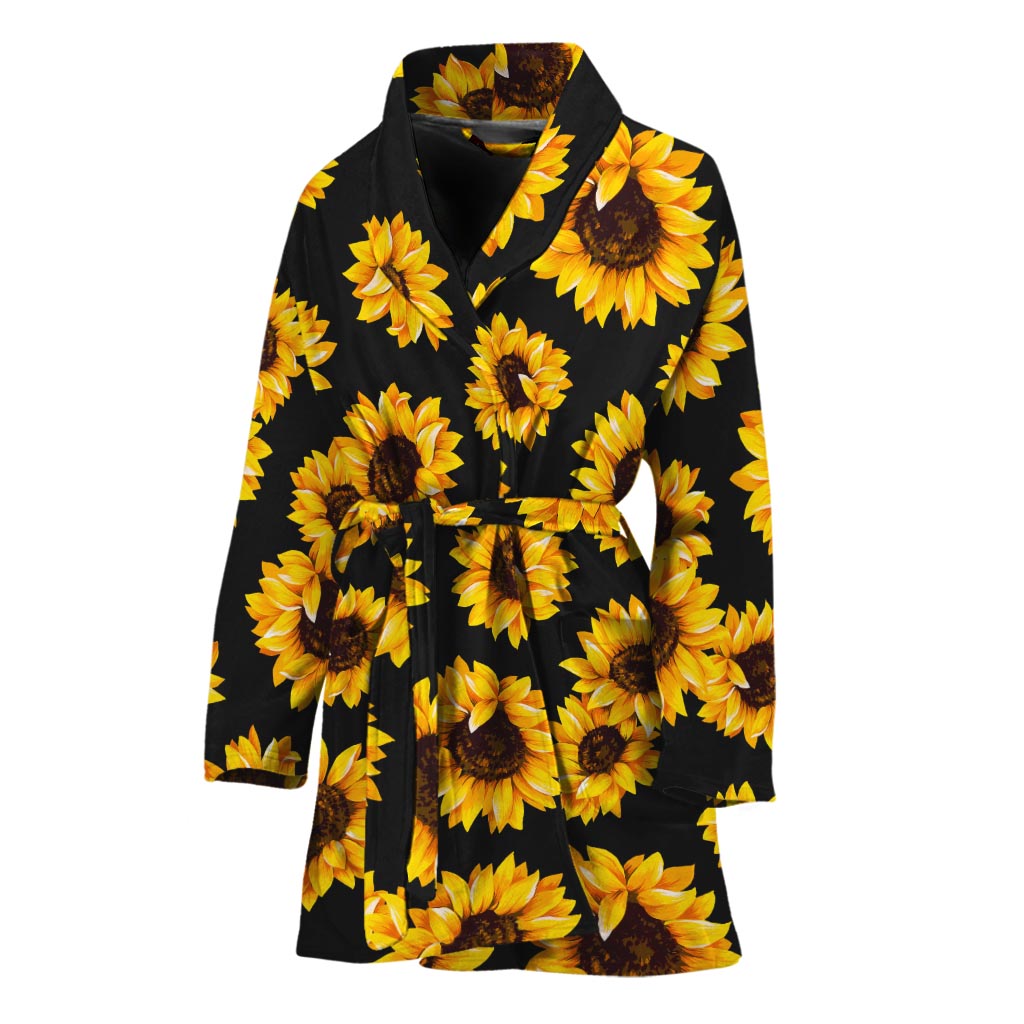 Black Sunflower Pattern Print Women's Bathrobe