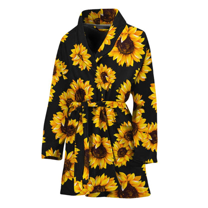 Black Sunflower Pattern Print Women's Bathrobe