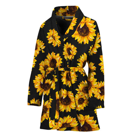Black Sunflower Pattern Print Women's Bathrobe