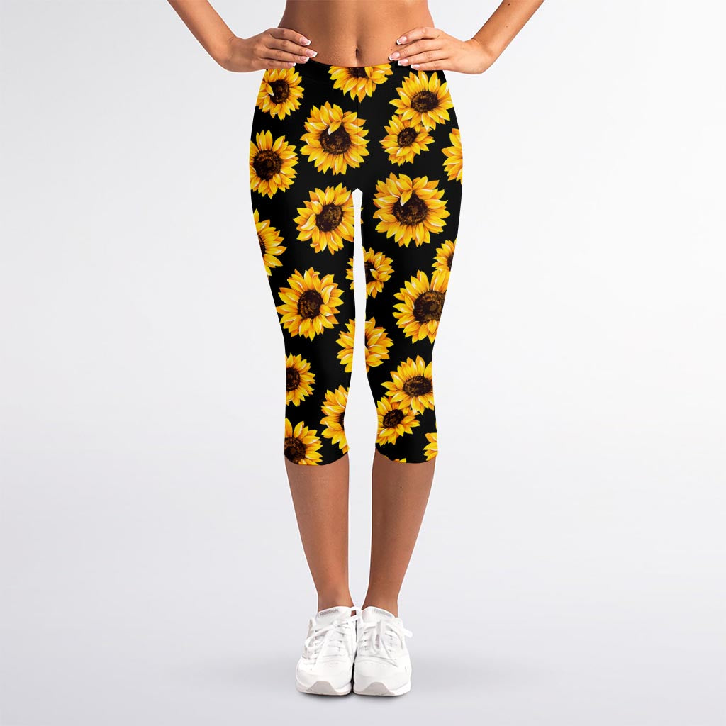 Black Sunflower Pattern Print Women's Capri Leggings