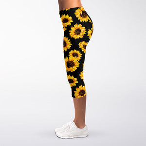 Black Sunflower Pattern Print Women's Capri Leggings