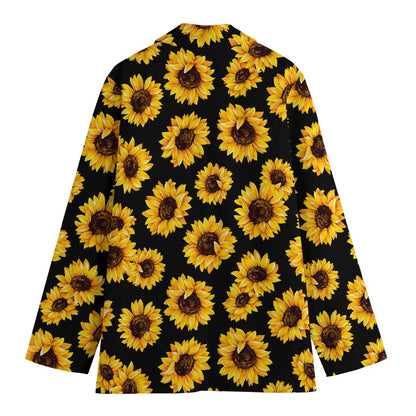 Black Sunflower Pattern Print Women's Cotton Blazer