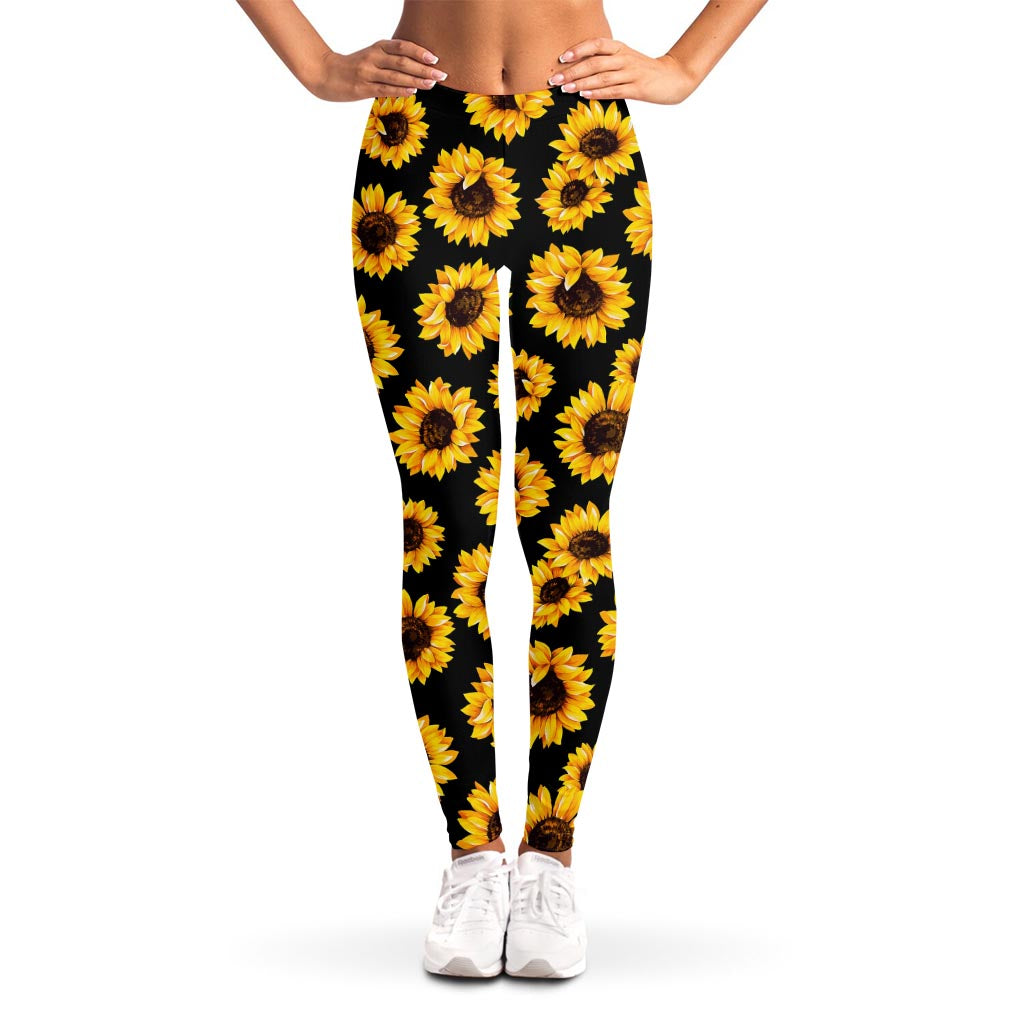 Black Sunflower Pattern Print Women's Leggings