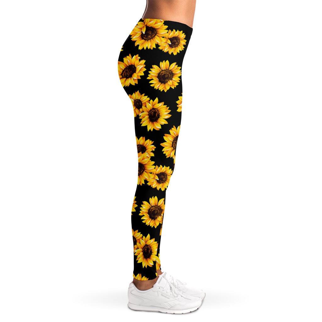 Black Sunflower Pattern Print Women's Leggings