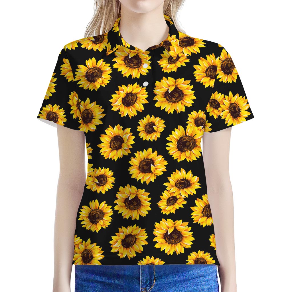 Black Sunflower Pattern Print Women's Polo Shirt
