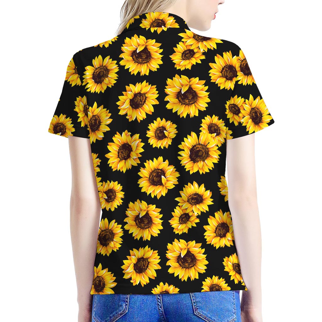 Black Sunflower Pattern Print Women's Polo Shirt