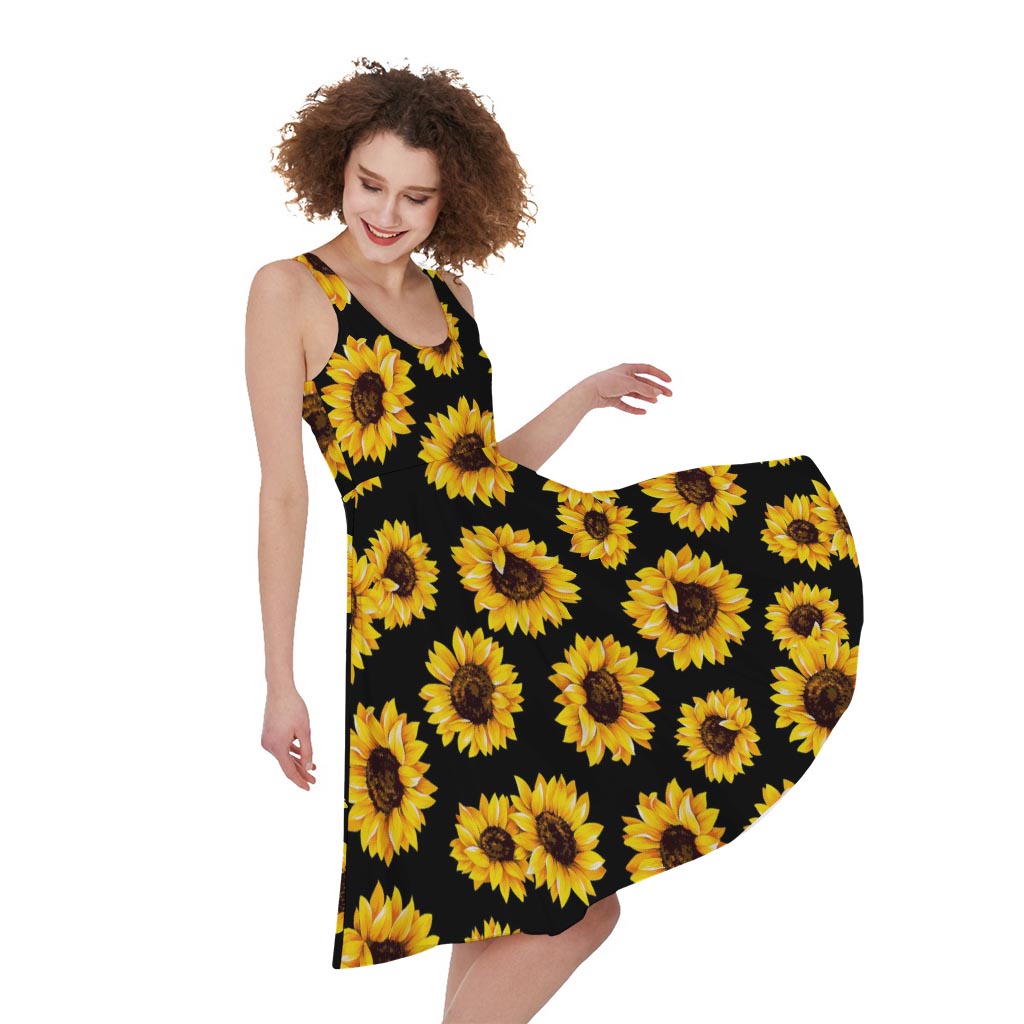 Black Sunflower Pattern Print Women's Sleeveless Dress
