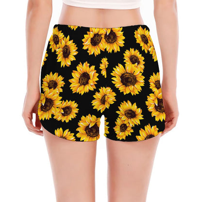 Black Sunflower Pattern Print Women's Split Running Shorts