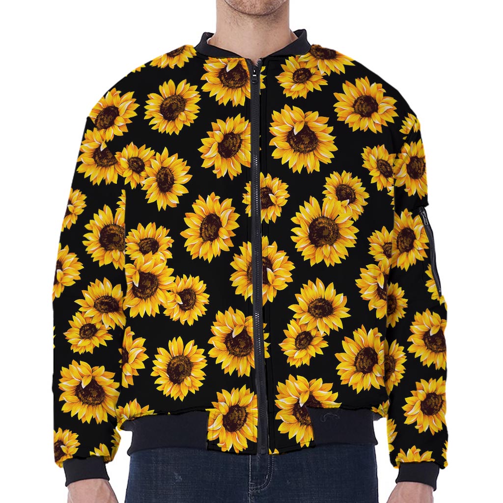 Black Sunflower Pattern Print Zip Sleeve Bomber Jacket