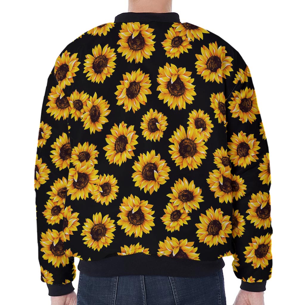 Black Sunflower Pattern Print Zip Sleeve Bomber Jacket