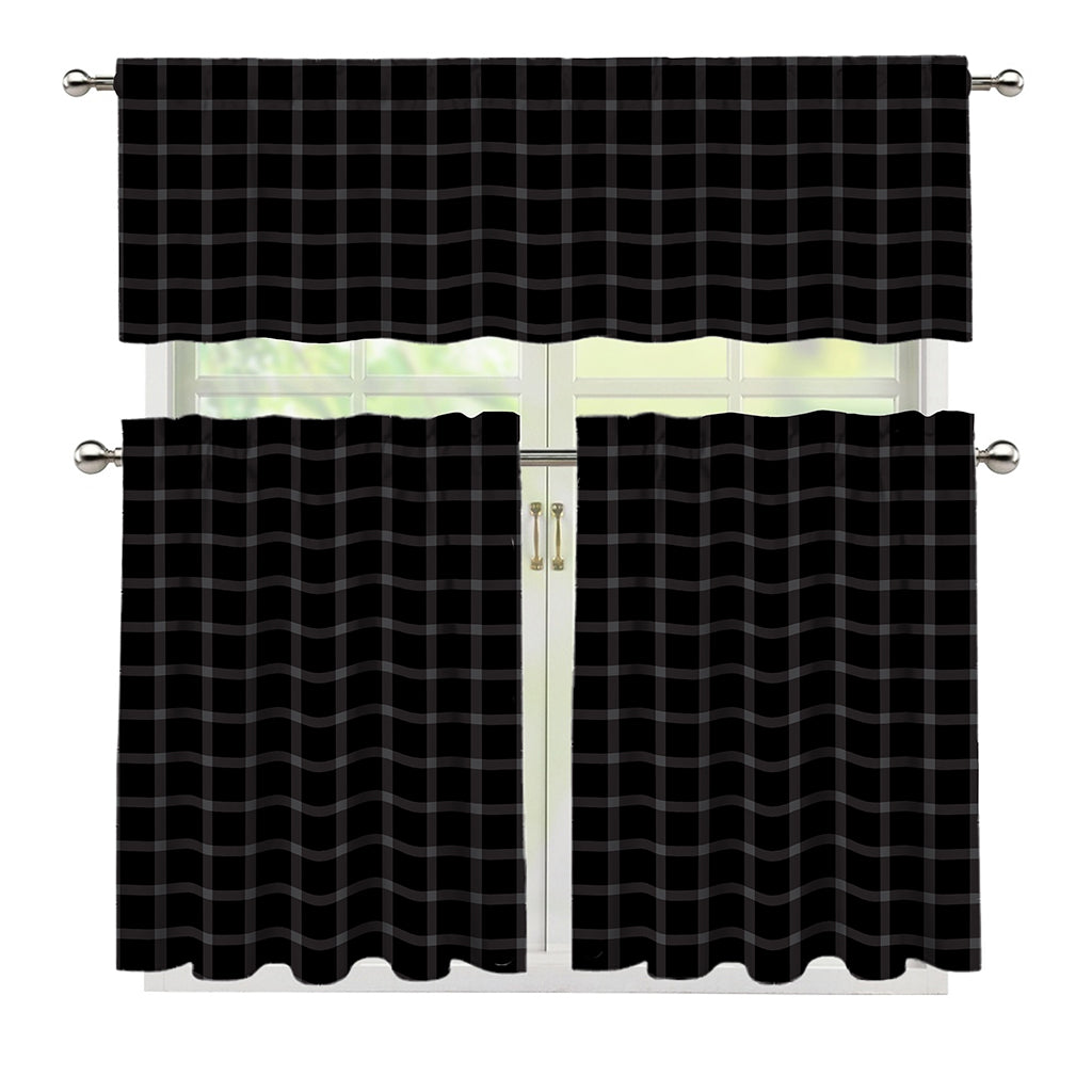 Black Tattersall Pattern Print 3 Piece Kitchen Curtains