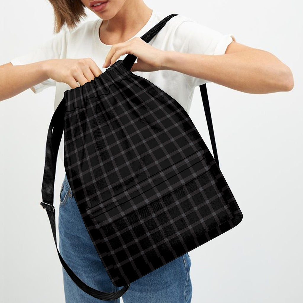 Black Tattersall Pattern Print Drawstring Backpack