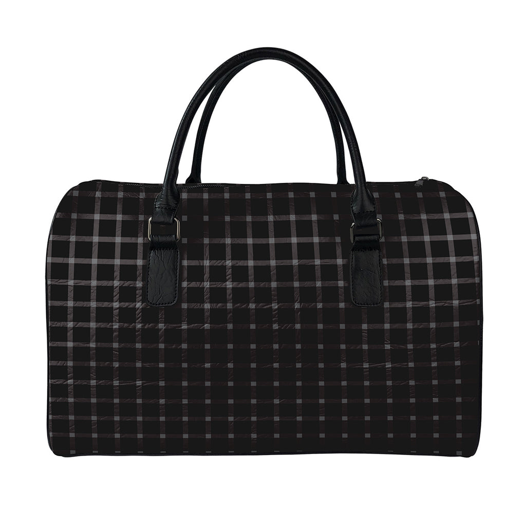 Black Tattersall Pattern Print Leather Duffle Bag