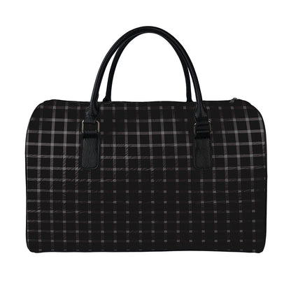 Black Tattersall Pattern Print Leather Duffle Bag