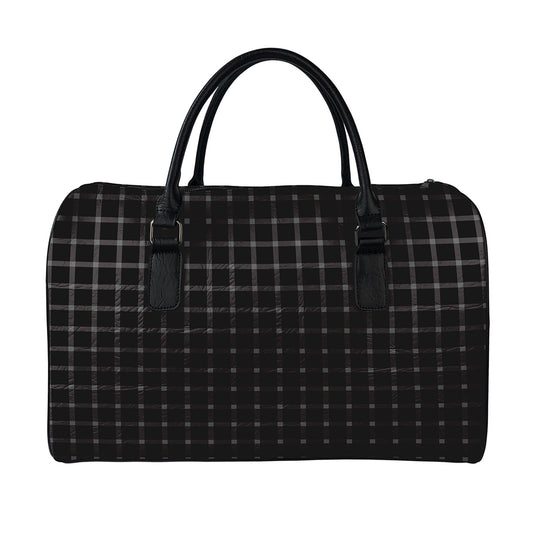 Black Tattersall Pattern Print Leather Duffle Bag