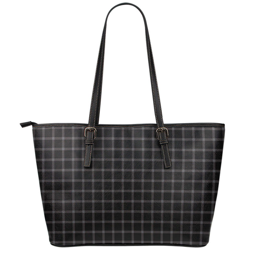 Black Tattersall Pattern Print Leather Tote Bag