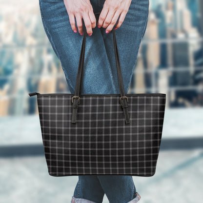 Black Tattersall Pattern Print Leather Tote Bag