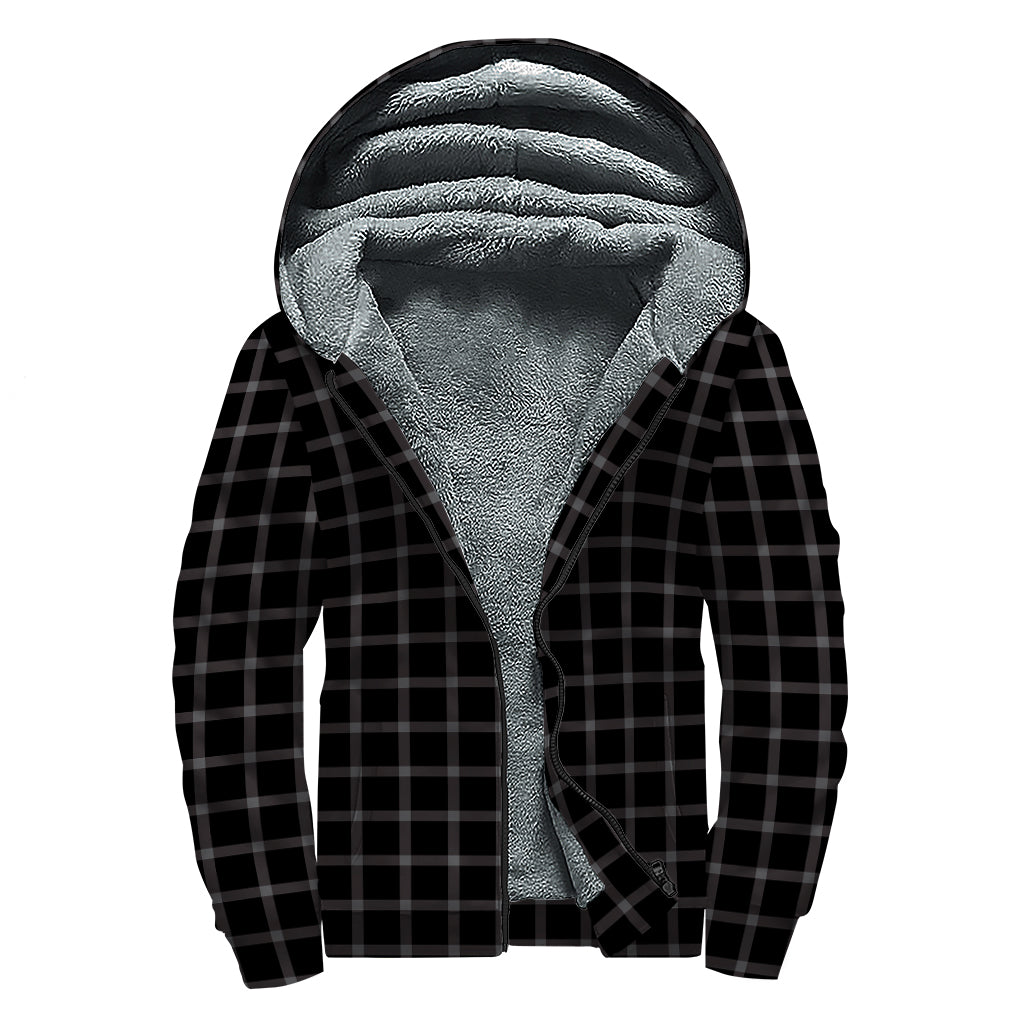 Black Tattersall Pattern Print Sherpa Lined Zip Up Hoodie