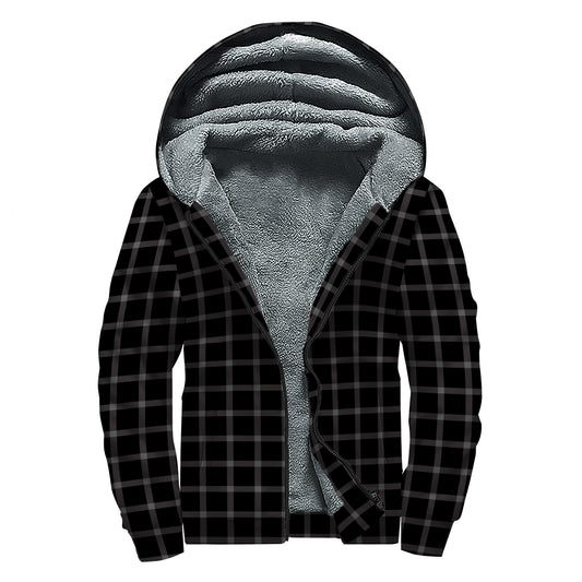 Black Tattersall Pattern Print Sherpa Lined Zip Up Hoodie
