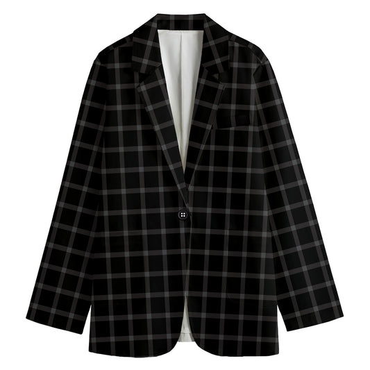 Black Tattersall Pattern Print Women's Cotton Blazer