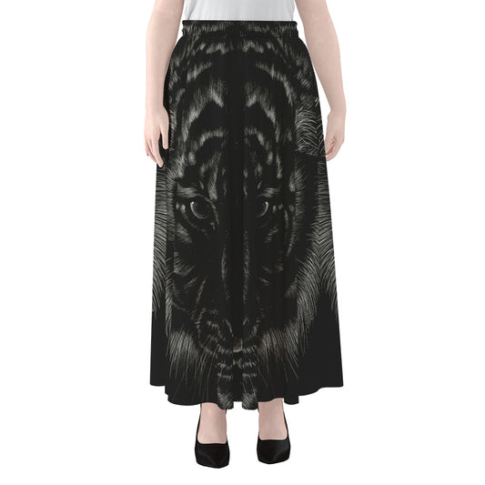 Black Tiger Portrait Print Chiffon Maxi Skirt