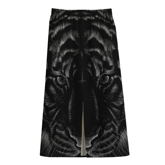 Black Tiger Portrait Print Cotton Front Slit Maxi Skirt
