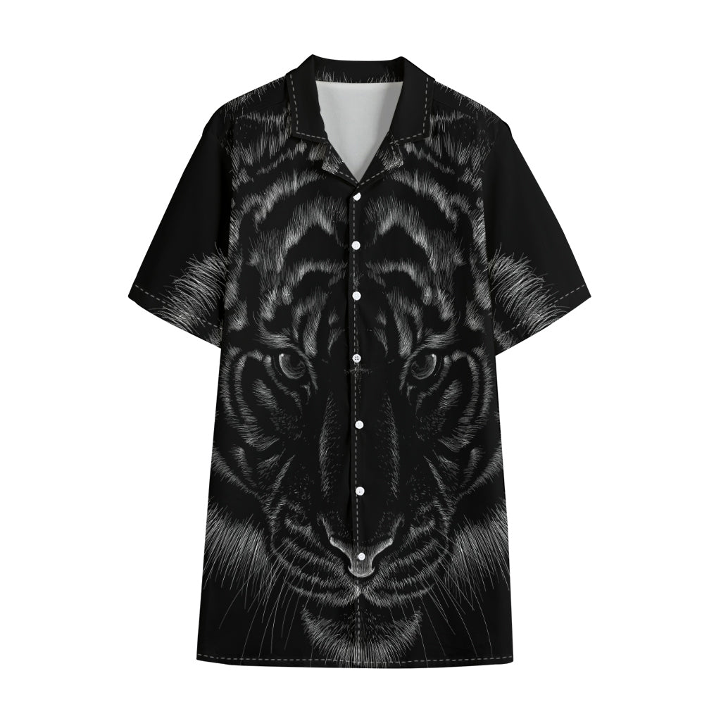 Black Tiger Portrait Print Cotton Hawaiian Shirt