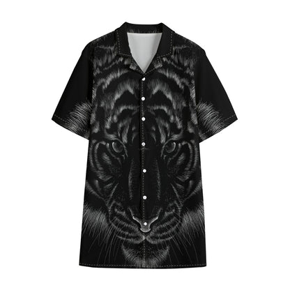 Black Tiger Portrait Print Cotton Hawaiian Shirt