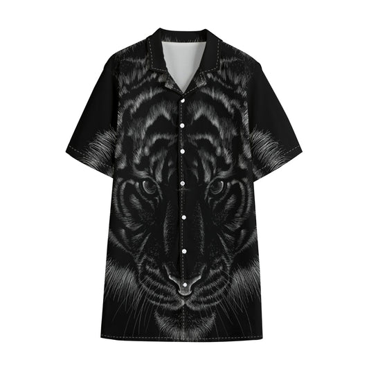 Black Tiger Portrait Print Cotton Hawaiian Shirt