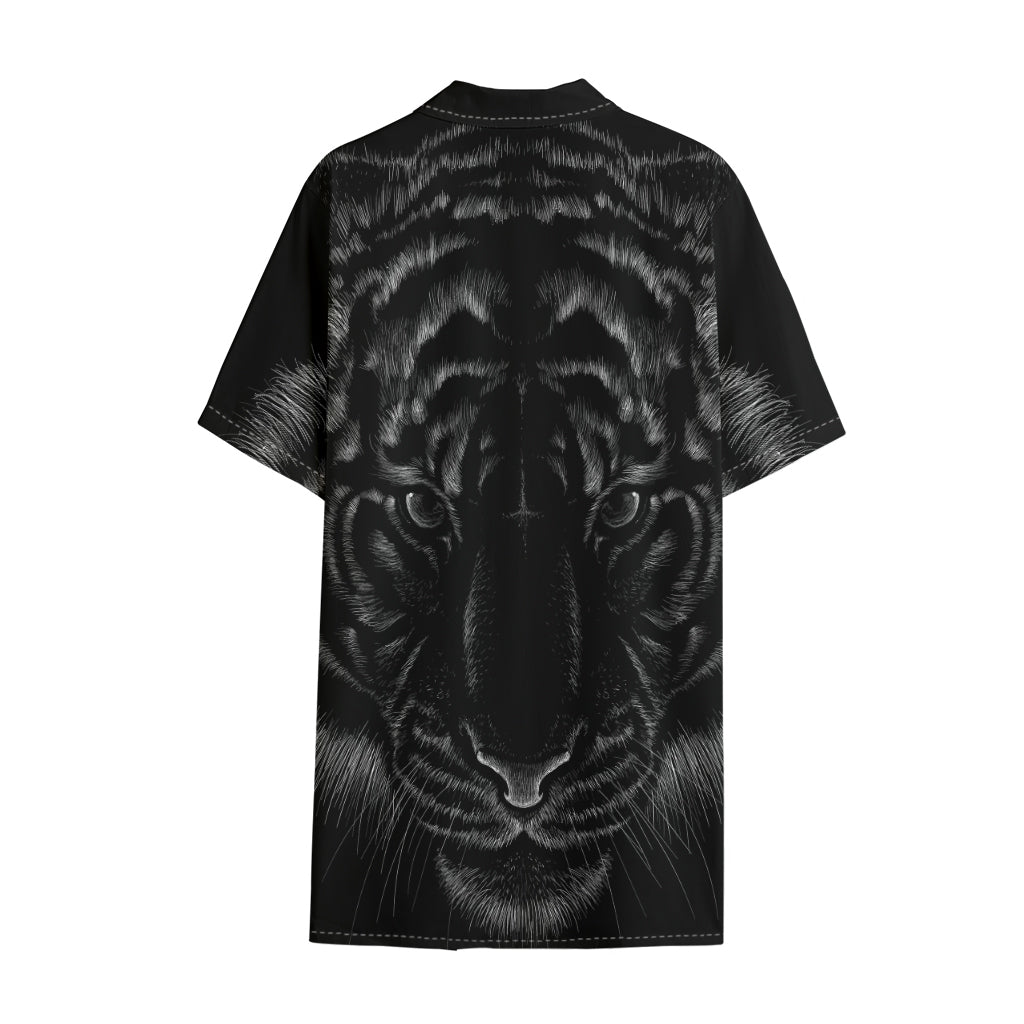 Black Tiger Portrait Print Cotton Hawaiian Shirt