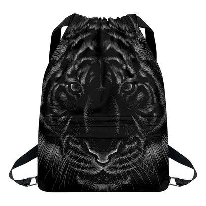 Black Tiger Portrait Print Drawstring Backpack