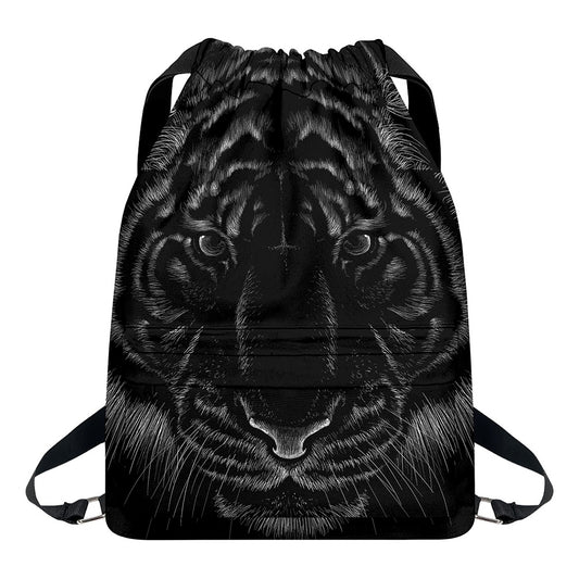 Black Tiger Portrait Print Drawstring Backpack