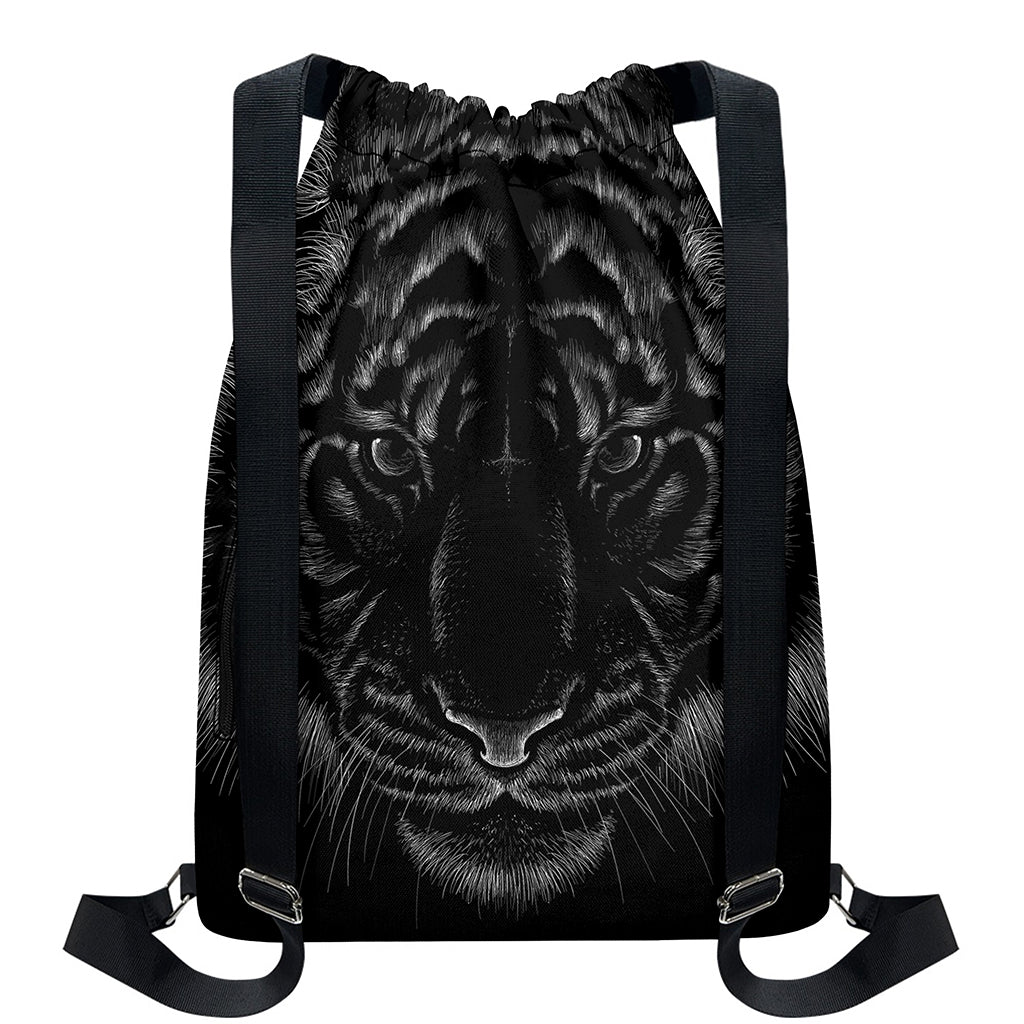 Black Tiger Portrait Print Drawstring Backpack