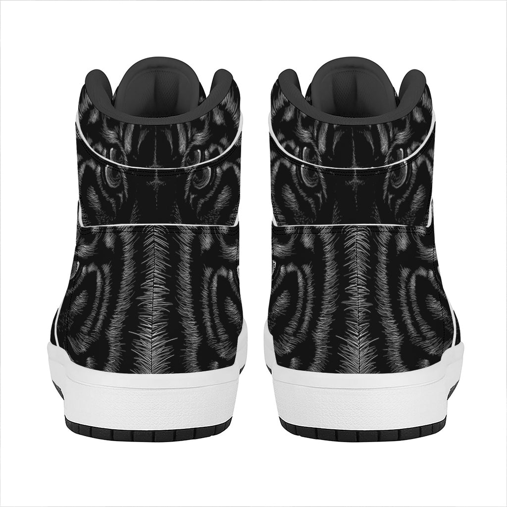 Black Tiger Portrait Print High Top Leather Sneakers