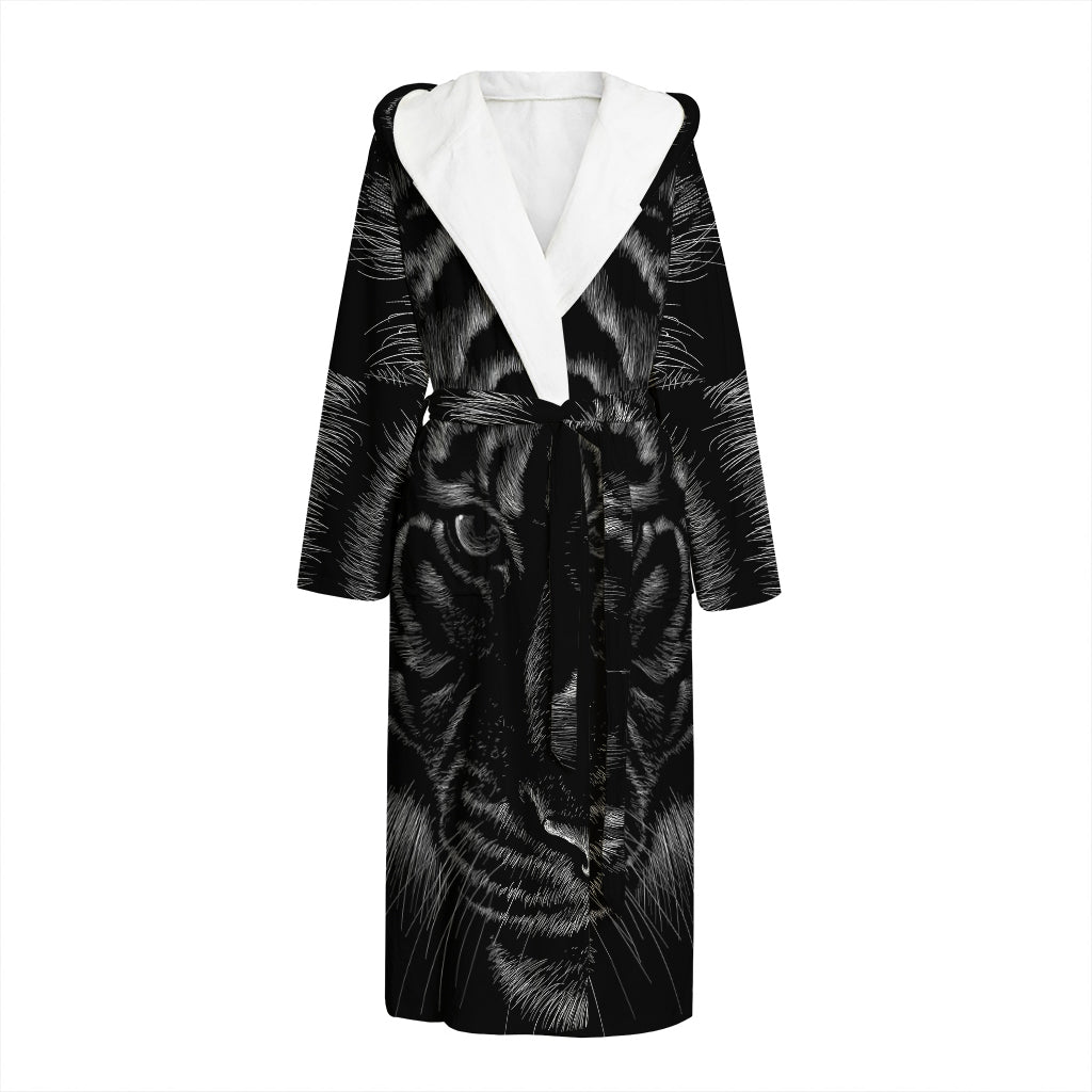 Black Tiger Portrait Print Hooded Bathrobe