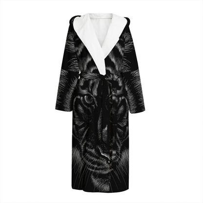 Black Tiger Portrait Print Hooded Bathrobe