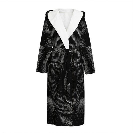 Black Tiger Portrait Print Hooded Bathrobe