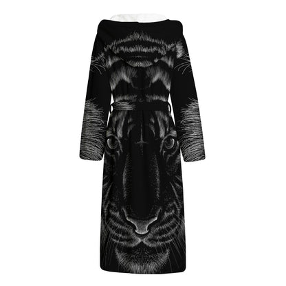 Black Tiger Portrait Print Hooded Bathrobe