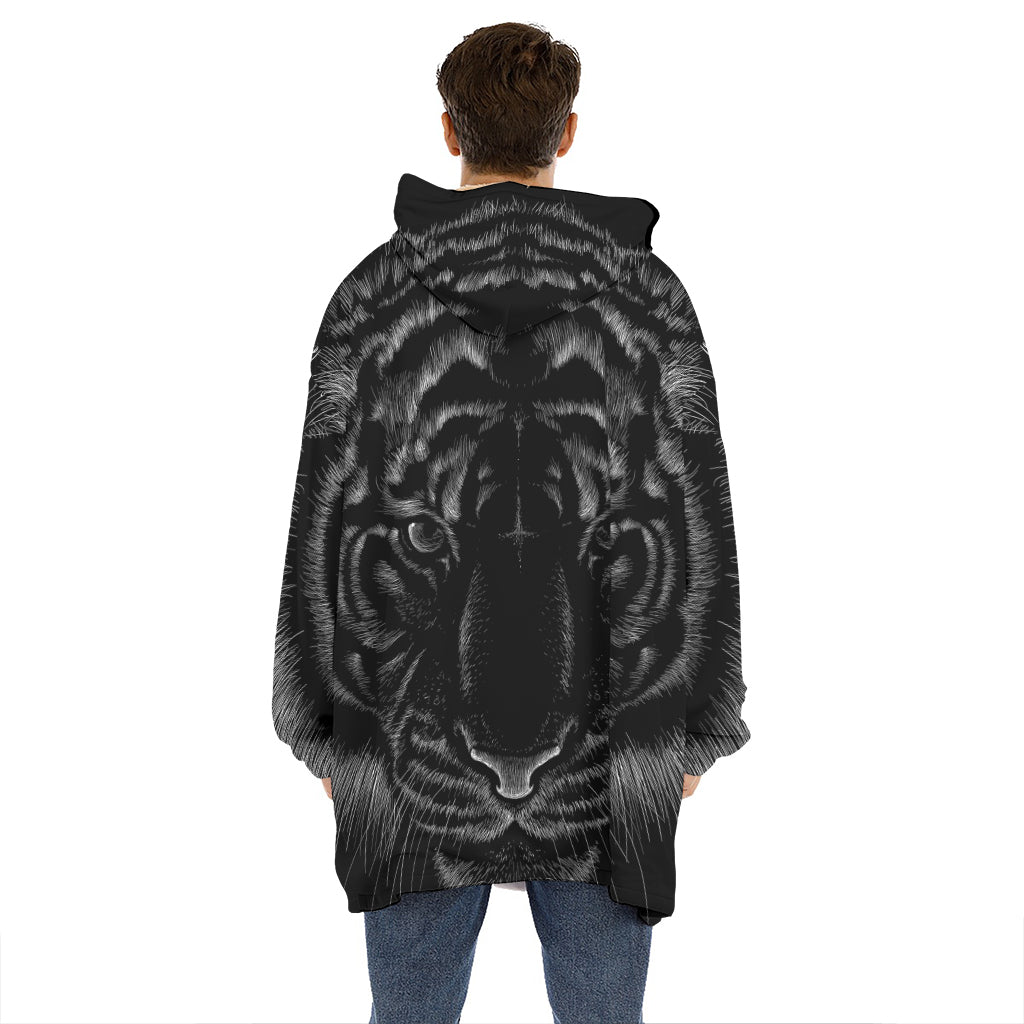 Black Tiger Portrait Print Hoodie Blanket