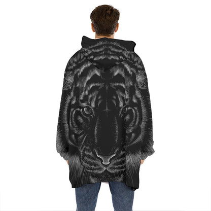 Black Tiger Portrait Print Hoodie Blanket