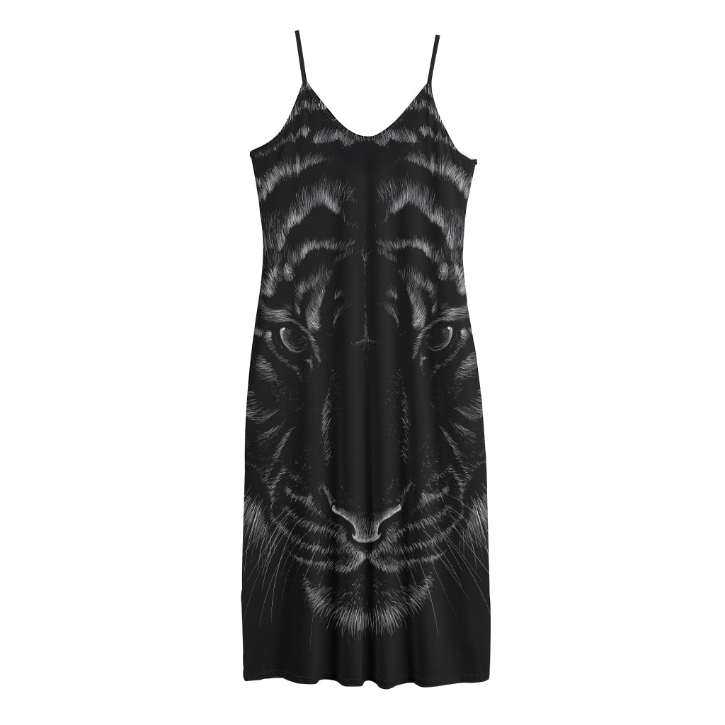 Black Tiger Portrait Print Jersey Midi Cami Dress